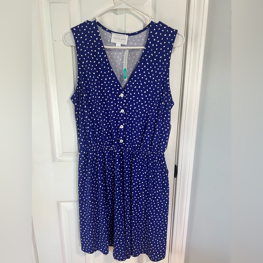 French Grey Navy Sleeveless Polka Dot Button Front Dress